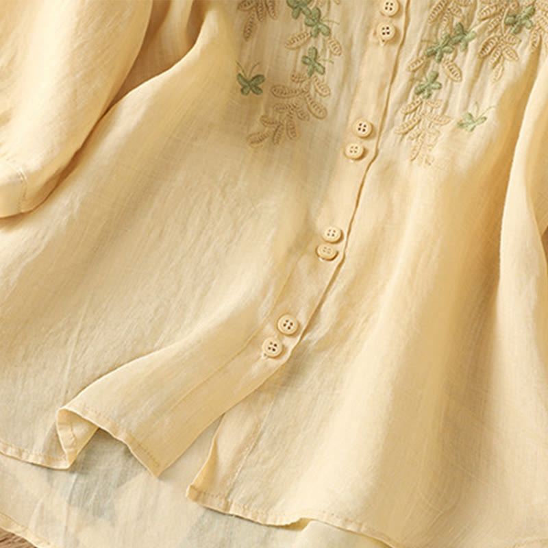 Buddha Stones Leaf Embroidery Cotton Buttons Half Sleeve Women's Shirt