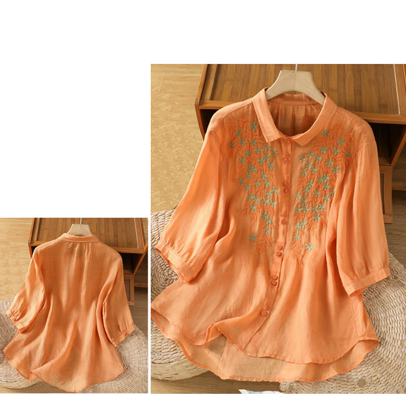 Buddha Stones Leaf Embroidery Cotton Buttons Half Sleeve Women's Shirt