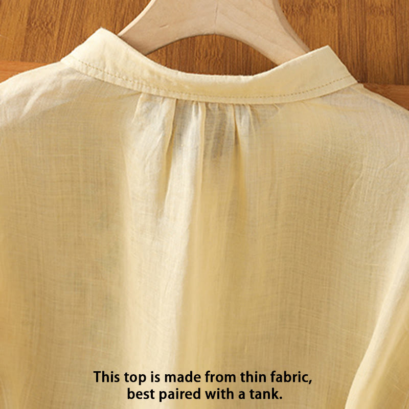 Buddha Stones Leaf Embroidery Cotton Buttons Half Sleeve Women's Shirt