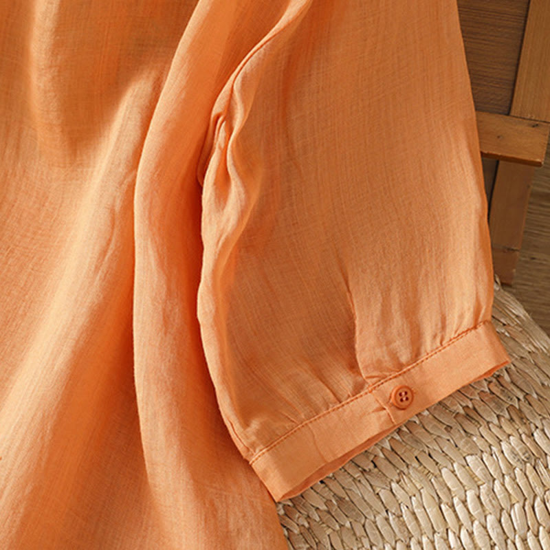 Buddha Stones Leaf Embroidery Cotton Buttons Half Sleeve Women's Shirt