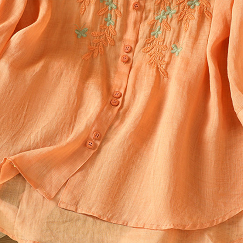 Buddha Stones Leaf Embroidery Cotton Buttons Half Sleeve Women's Shirt