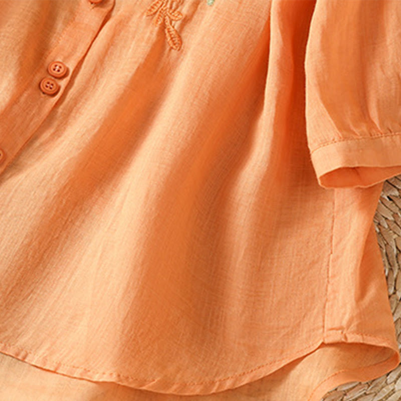 Buddha Stones Leaf Embroidery Cotton Buttons Half Sleeve Women's Shirt