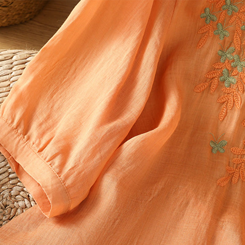 Buddha Stones Leaf Embroidery Cotton Buttons Half Sleeve Women's Shirt