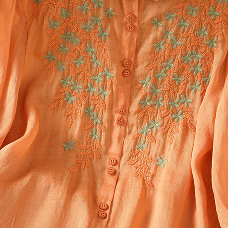 Buddha Stones Leaf Embroidery Cotton Buttons Half Sleeve Women's Shirt