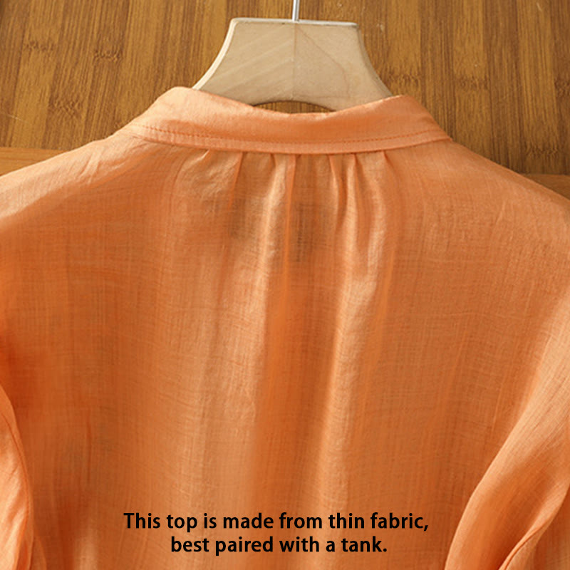 Buddha Stones Leaf Embroidery Cotton Buttons Half Sleeve Women's Shirt