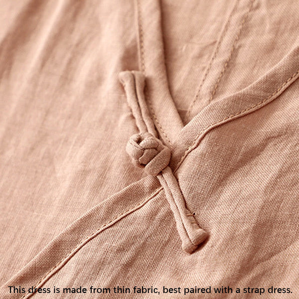 Buddha Stones Summer V-Neck Frog-Button Short Sleeve Cotton Linen Women's Midi Dress