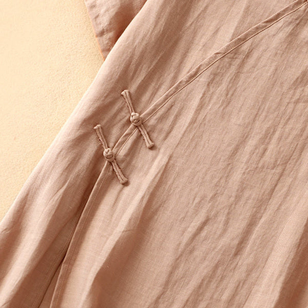 Buddha Stones Summer V-Neck Frog-Button Short Sleeve Cotton Linen Women's Midi Dress