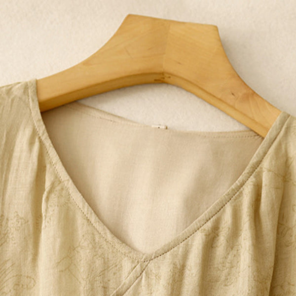 Buddha Stones Summer V-Neck Lace-up Short Sleeve Cotton Linen Women's Midi Dress With Pockets