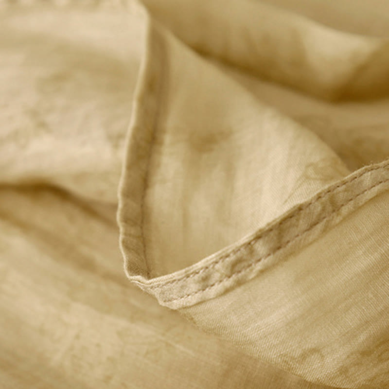 Buddha Stones Summer V-Neck Lace-up Short Sleeve Cotton Linen Women's Midi Dress With Pockets