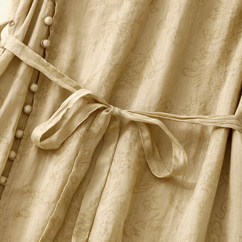 Buddha Stones Summer V-Neck Lace-up Short Sleeve Cotton Linen Women's Midi Dress With Pockets