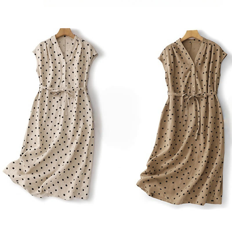 Buddha Stones Summer Polka Dot V-Neck Lace-up Cotton Linen Women's Midi Dress With Pockets