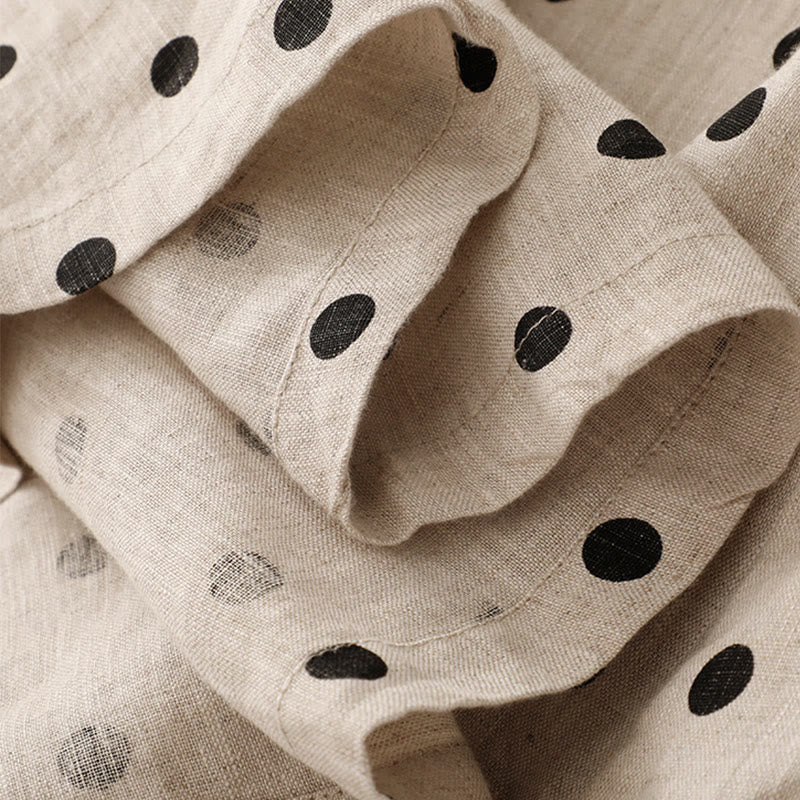 Buddha Stones Summer Polka Dot V-Neck Lace-up Cotton Linen Women's Midi Dress With Pockets