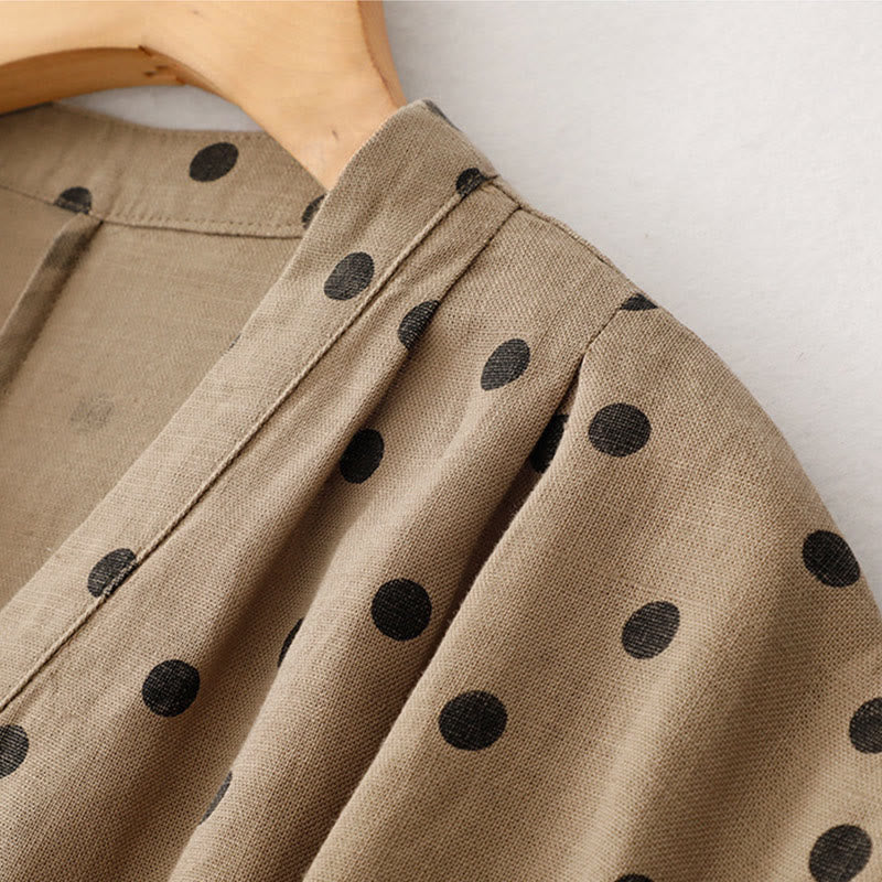 Buddha Stones Summer Polka Dot V-Neck Lace-up Cotton Linen Women's Midi Dress With Pockets