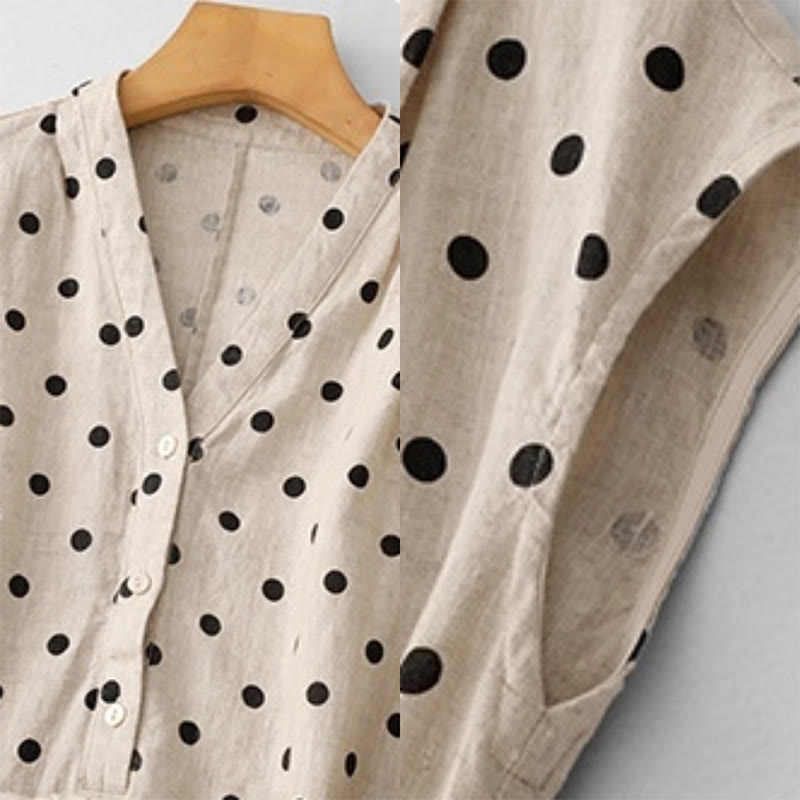 Buddha Stones Summer Polka Dot V-Neck Lace-up Cotton Linen Women's Midi Dress With Pockets