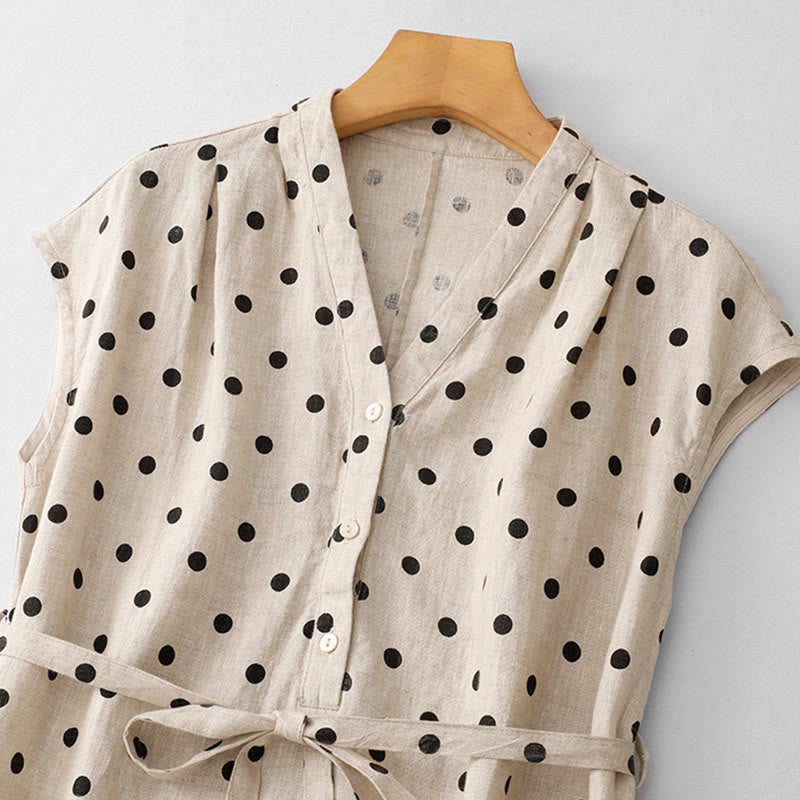 Buddha Stones Summer Polka Dot V-Neck Lace-up Cotton Linen Women's Midi Dress With Pockets
