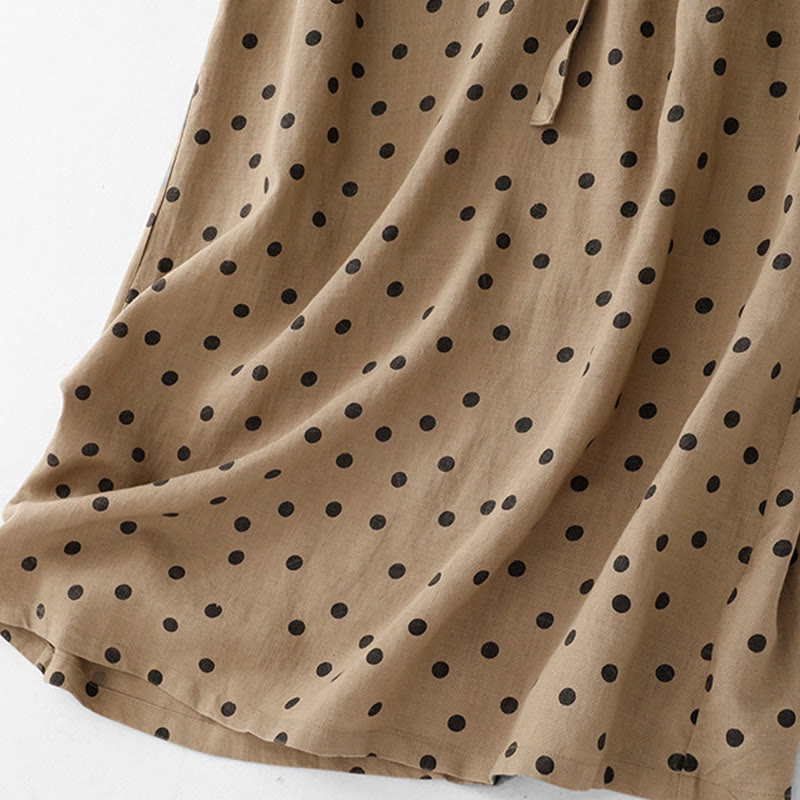 Buddha Stones Summer Polka Dot V-Neck Lace-up Cotton Linen Women's Midi Dress With Pockets