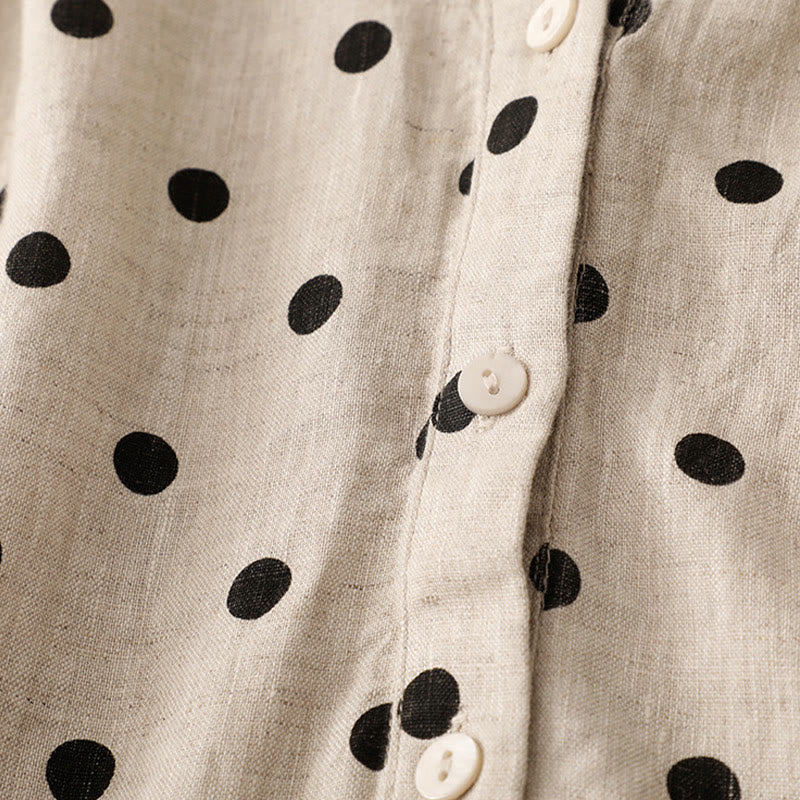 Buddha Stones Summer Polka Dot V-Neck Lace-up Cotton Linen Women's Midi Dress With Pockets