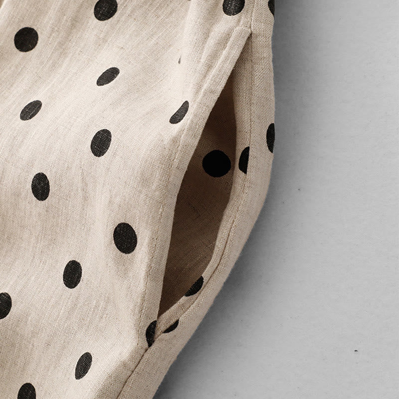 Buddha Stones Summer Polka Dot V-Neck Lace-up Cotton Linen Women's Midi Dress With Pockets