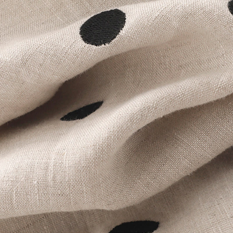 Buddha Stones Polka Dot V-Neck Lace-up Cotton Linen Women's Midi Dress With Pockets