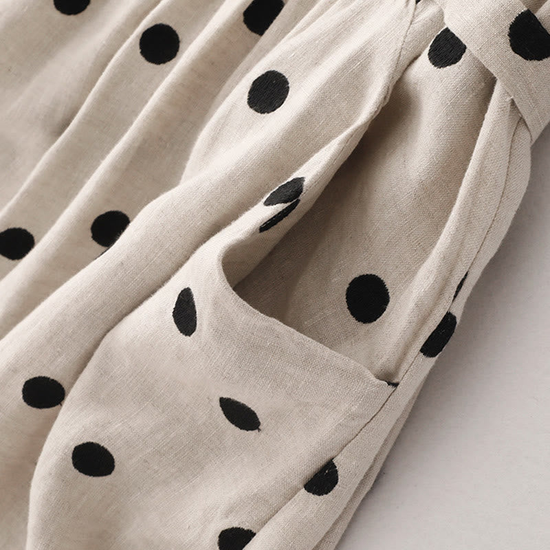 Buddha Stones Polka Dot V-Neck Lace-up Cotton Linen Women's Midi Dress With Pockets