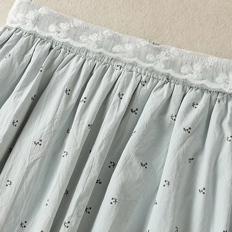 Buddha Stones Small Flowers Elastic Waist Cotton Women's Skirt With Pockets