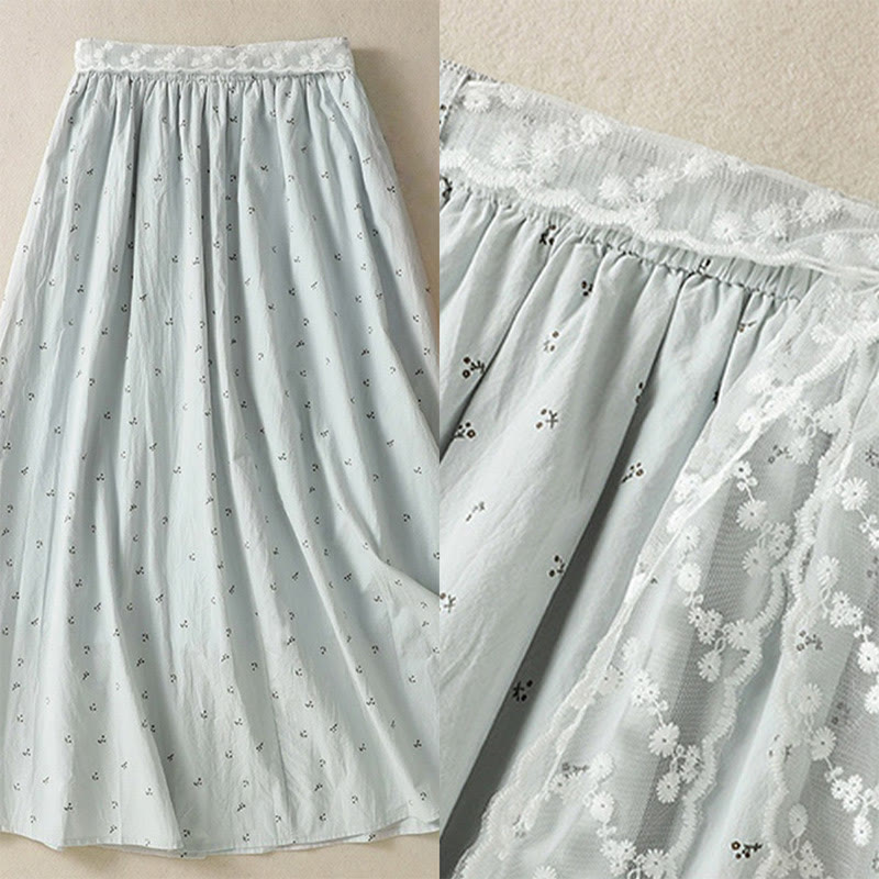 Buddha Stones Small Flowers Elastic Waist Cotton Women's Skirt With Pockets