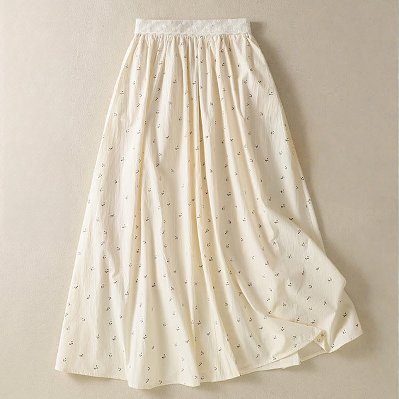 Buddha Stones Small Flowers Elastic Waist Cotton Women's Skirt With Pockets
