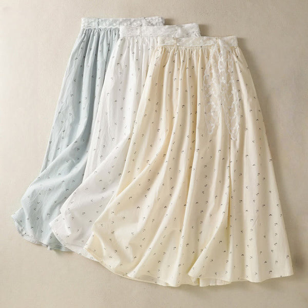 Buddha Stones Small Flowers Elastic Waist Cotton Women's Skirt With Pockets