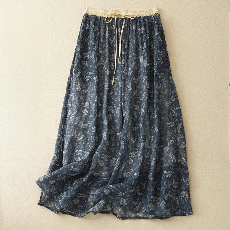 Buddha Stones Floral A-line Elastic Waist Cotton Linen Women's Skirt With Pockets