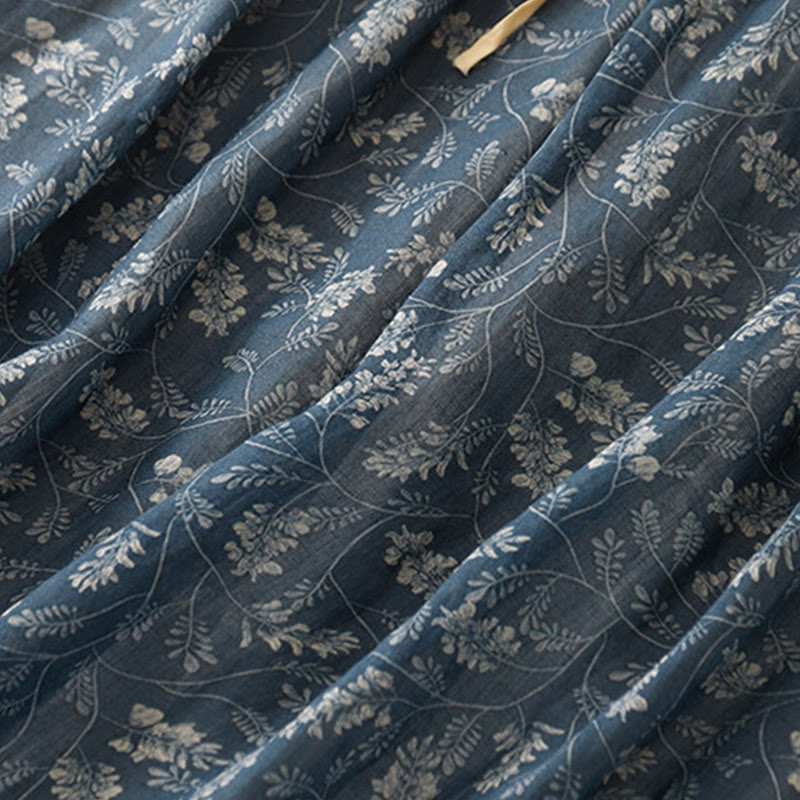 Buddha Stones Floral A-line Elastic Waist Cotton Linen Women's Skirt With Pockets