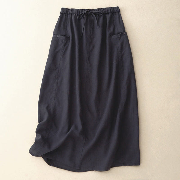Buddha Stones Drawstring A-line Elastic Waist Cotton Women's Skirt With Button Pockets