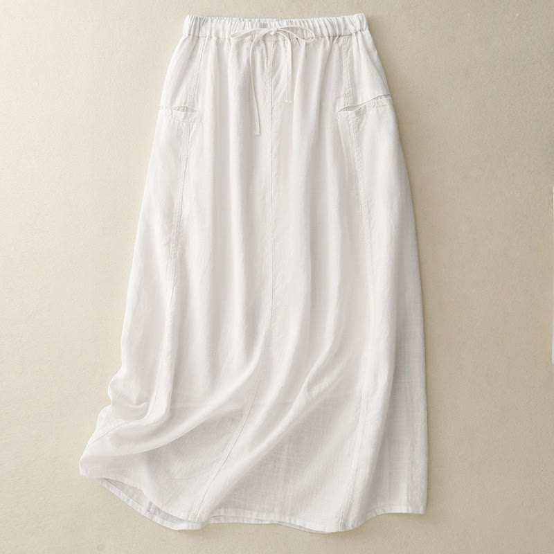Buddha Stones Drawstring A-line Elastic Waist Cotton Women's Skirt With Button Pockets