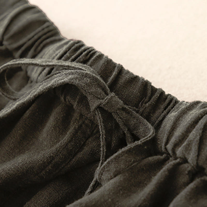 Buddha Stones Drawstring A-line Elastic Waist Cotton Women's Skirt With Button Pockets