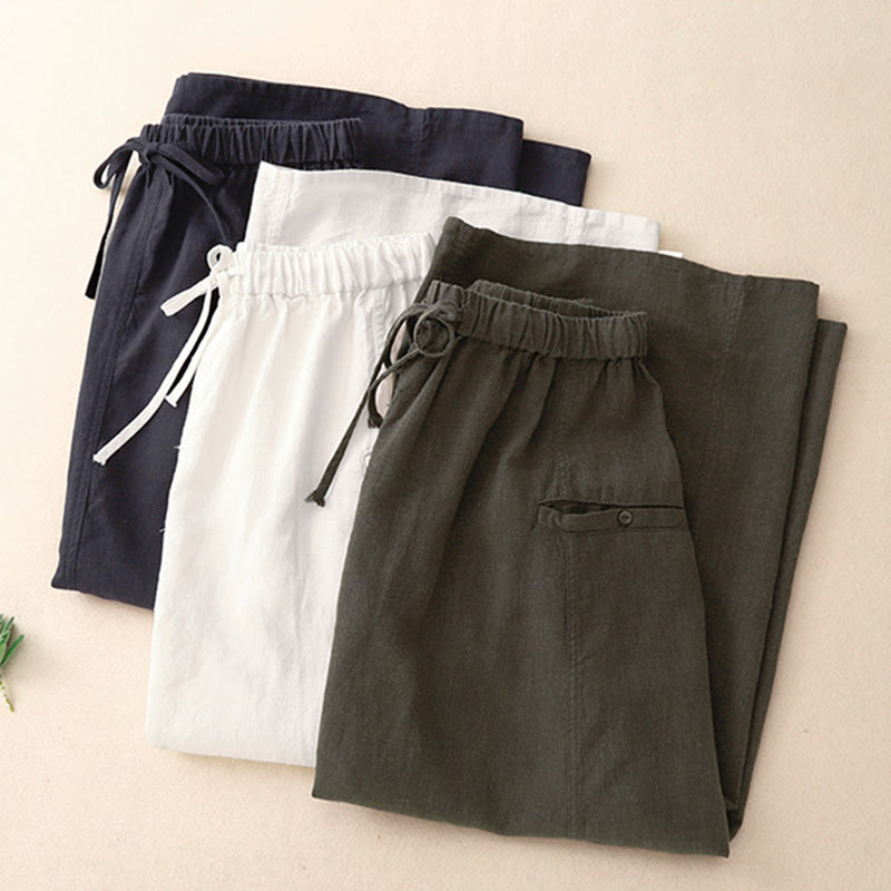 Buddha Stones Drawstring A-line Elastic Waist Cotton Women's Skirt With Button Pockets