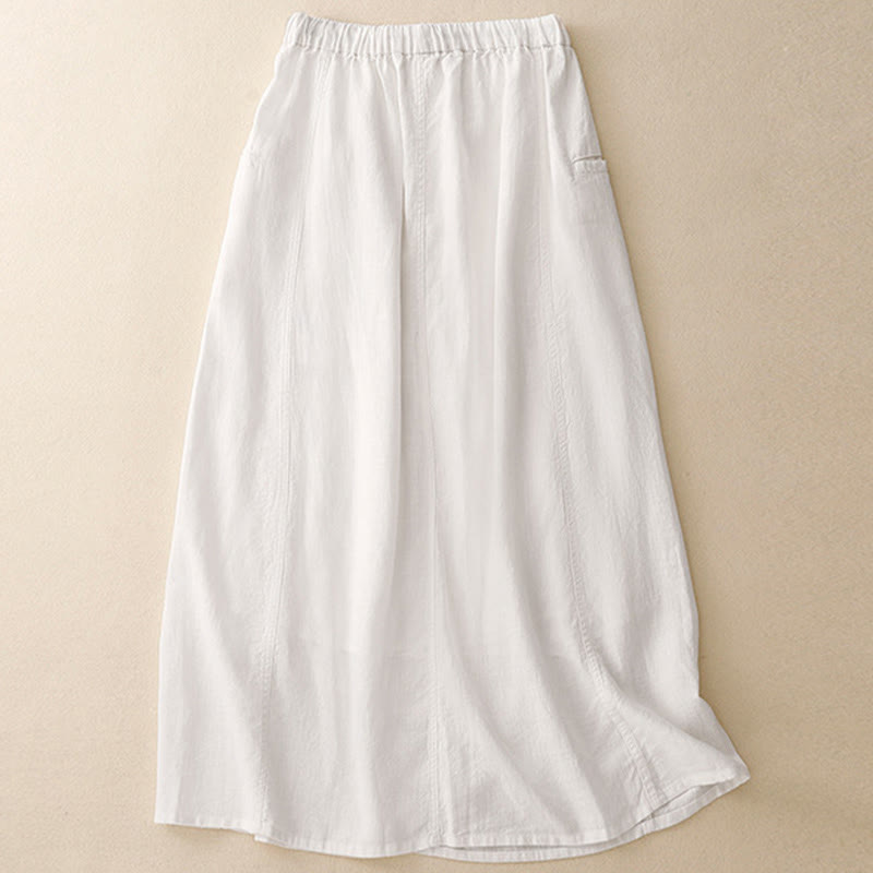 Buddha Stones Drawstring A-line Elastic Waist Cotton Women's Skirt With Button Pockets