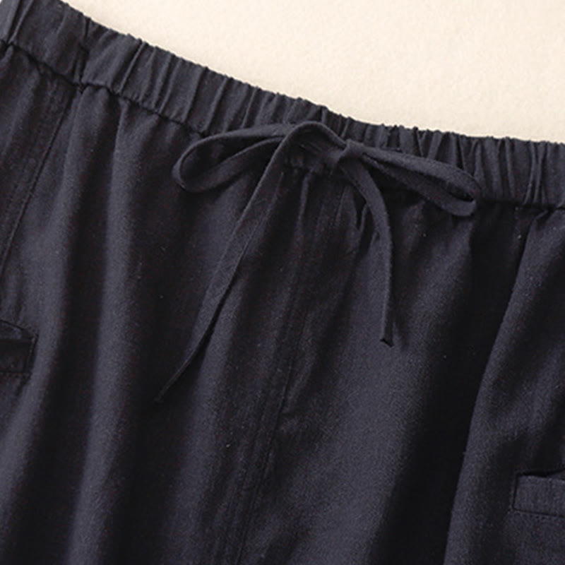 Buddha Stones Drawstring A-line Elastic Waist Cotton Women's Skirt With Button Pockets