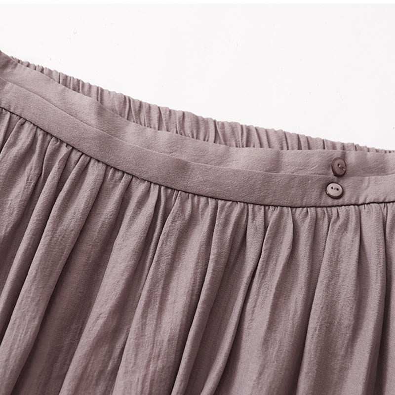 Buddha Stones Simple Pleated Design Elastic Waist Women's Skirt With Pockets