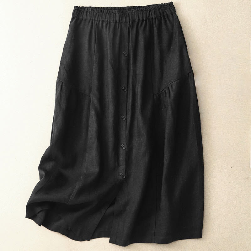 Buddha Stones A-line Buttons Slit Design Elastic Waist Cotton Women's Skirt With Pockets