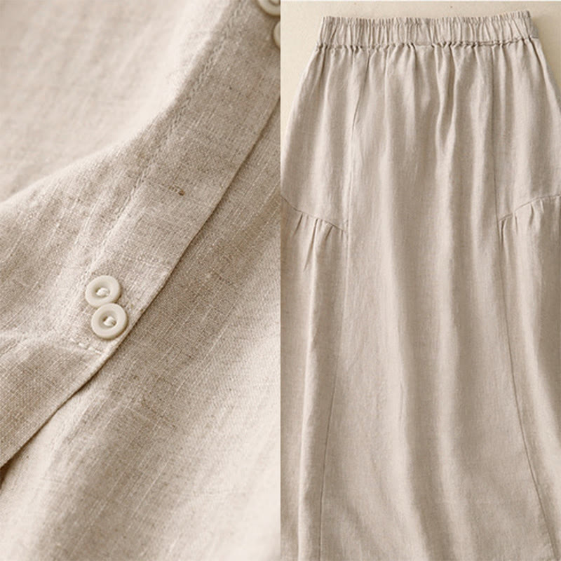 Buddha Stones A-line Buttons Slit Design Elastic Waist Cotton Women's Skirt With Pockets