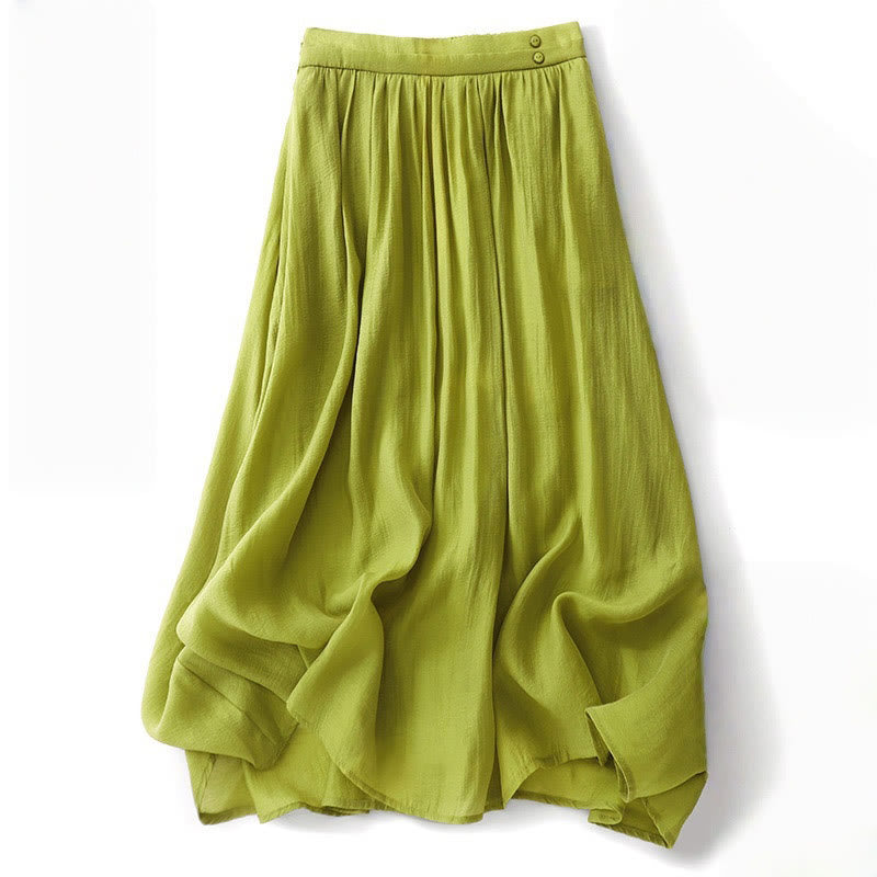 Buddha Stones Simple Pleated Design Elastic Waist Women's Skirt With Pockets