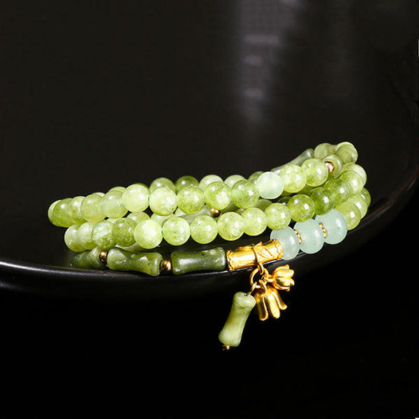 Buddha Stones Retro Multilayer Lily of the Valley Bamboo Green Chalcedony Strength Bracelet