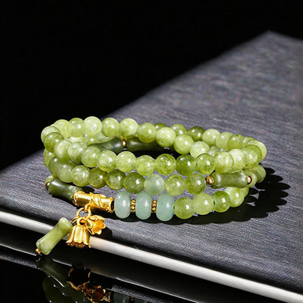 Buddha Stones Retro Multilayer Lily of the Valley Bamboo Green Chalcedony Strength Bracelet