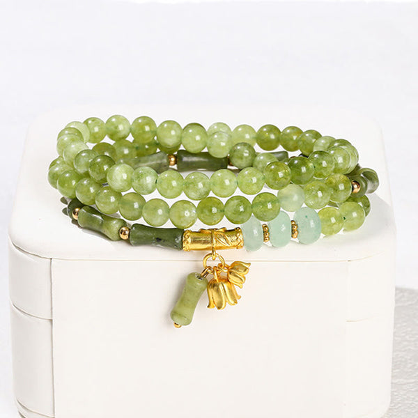 Buddha Stones Retro Multilayer Lily of the Valley Bamboo Green Chalcedony Strength Bracelet