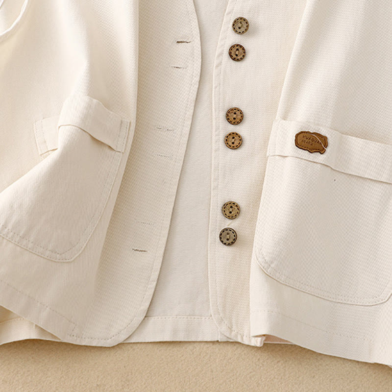 Buddha Stones Solid Color Front Buttons Sleeveless Women's Cotton Waistcoat With Pockets