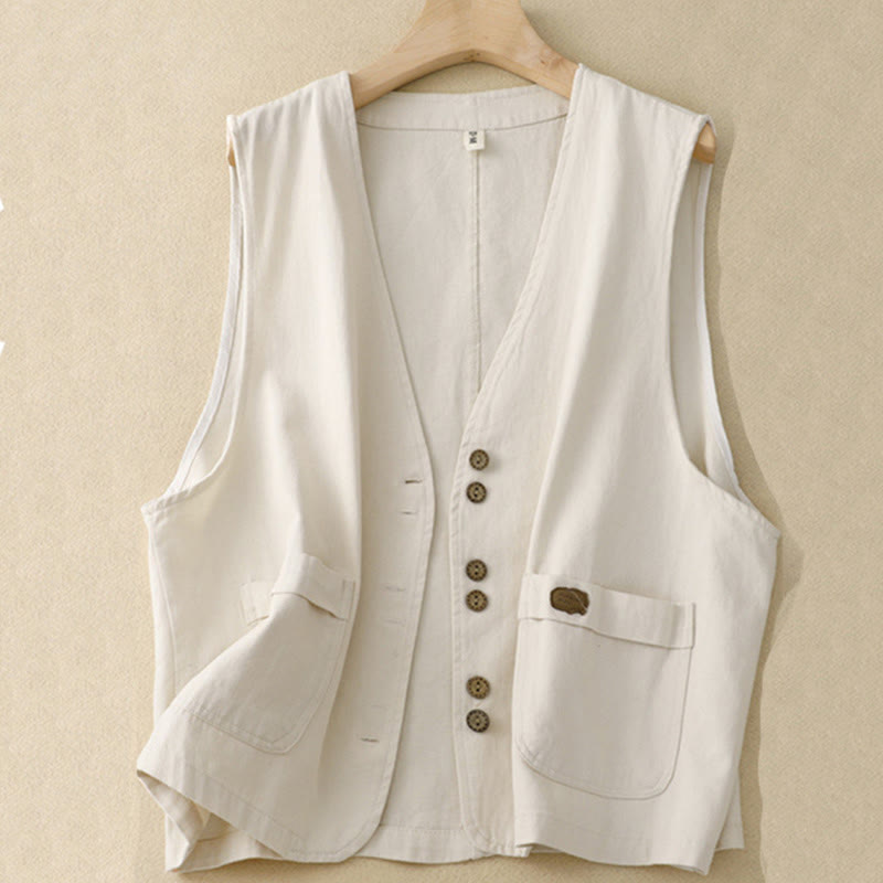 Buddha Stones Solid Color Front Buttons Sleeveless Women's Cotton Waistcoat With Pockets