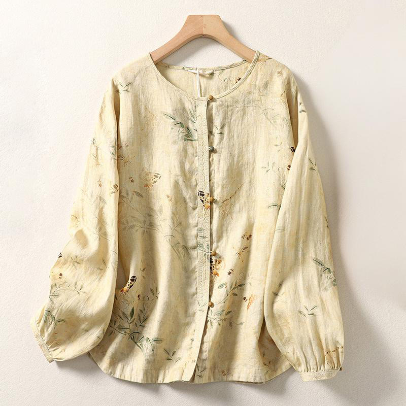 Buddha Stones Commute Chinese Frog-Button Long Lantern Sleeve Women's Cotton Linen Shirt
