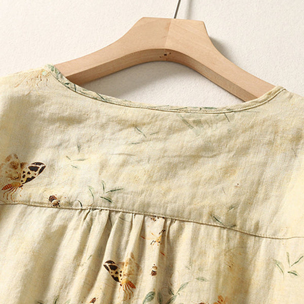 Buddha Stones Commute Chinese Frog-Button Long Lantern Sleeve Women's Cotton Linen Shirt