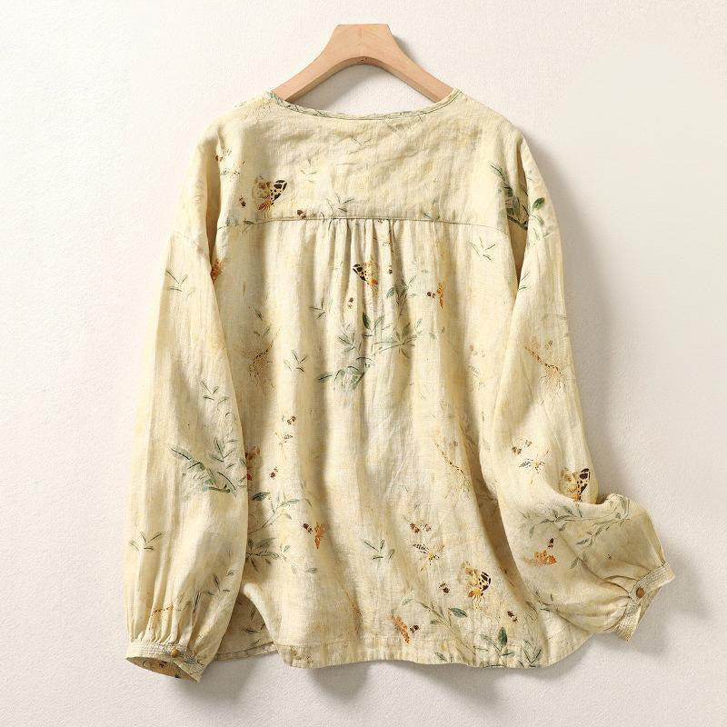 Buddha Stones Commute Chinese Frog-Button Long Lantern Sleeve Women's Cotton Linen Shirt