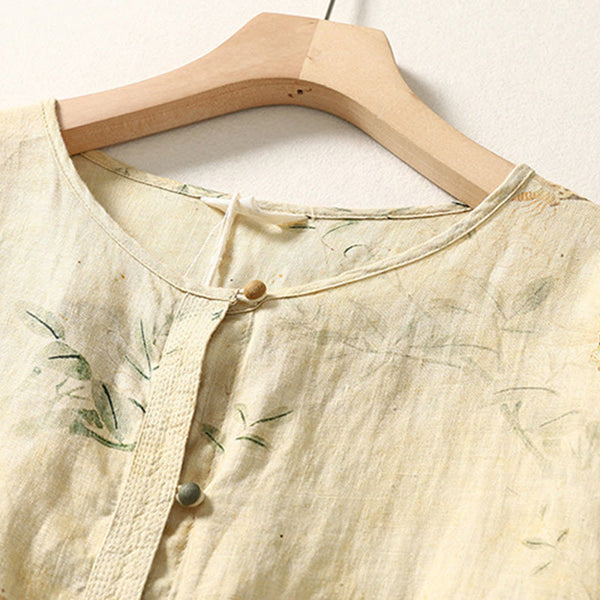 Buddha Stones Commute Chinese Frog-Button Long Lantern Sleeve Women's Cotton Linen Shirt