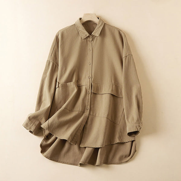 Buddha Stones Fall Irregular Design Long Sleeve Women's Cotton Linen Lapel Jacket With Pockets